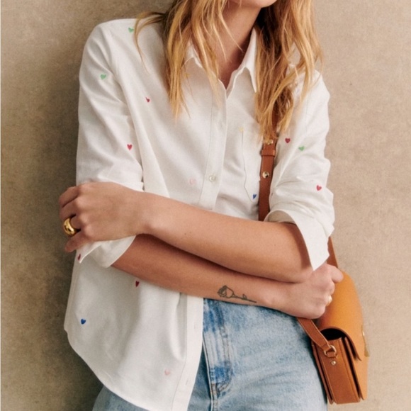 Sezane Tops - Sezane multi colored embroidered hearts tomboy shirt